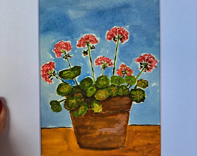 Red Geraniums potted in Terra Cotta-Artist PRINT from original painting-white matted to  8x10