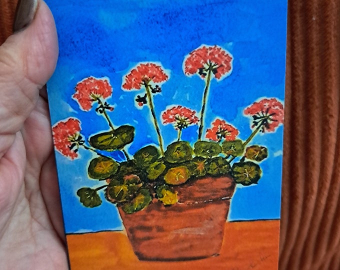 RED geranium flower MAGNET -small art potted flowers-Kitchen Decor-small Gift Idea Under 10- artists magnets under 10