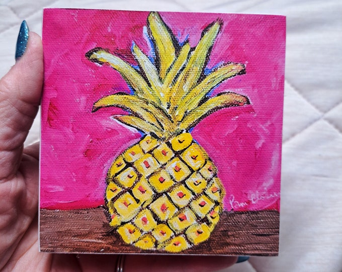 Shelf decor Yellow Hawaii Pineapple decoupaged artist Print -4x4x1 Print on Birchwood canvas- kitchen decor