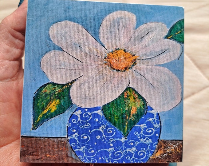 Vase with Magnolia Flower- Shelf decor decoupaged artist Print -4x4x1 Print on Birchwood canvas