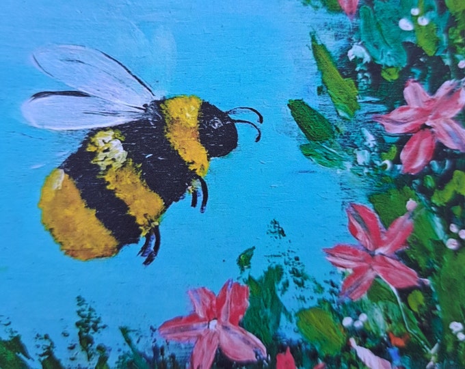 Bee Fridge Magnet " Bee at Pink Flowers" - Artist magnet from artwork - Magnet gift under 10- Small art under 10