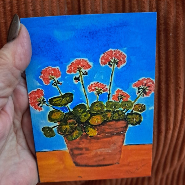 RED geranium flower MAGNET -small art potted flowers-Kitchen Decor-small Gift Idea Under 10- artists magnets under 10