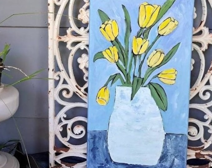 Yellow Tulips Original acrylic painting-10x20 unframed stretched canvas- White Vase of Spring Tulips wall art- yellow and Blue home deco