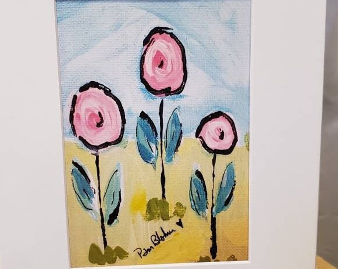 PINK flowers  "3 Girls" white matted to 8x10 frame size- abstract Flower wall artist PRINT