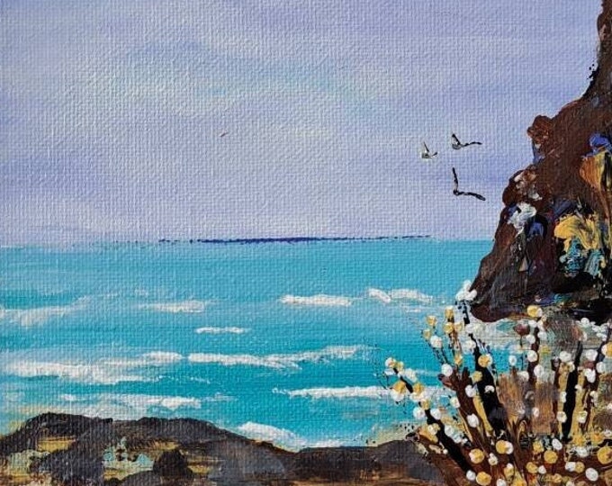 Seascape "Bird Watching" Original acrylic painting  - 6x6 Stretched canvas ocean scenery wall art - California Coastal art