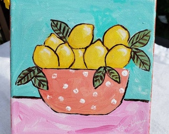Original Acrylic Painting "Tropical Lemons " - 6x6  Kitchen Decor-  Small art on Stretched canvas