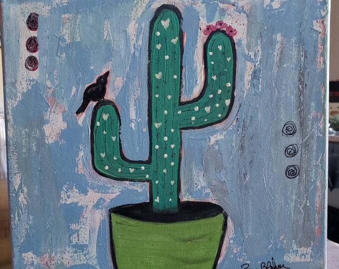 Saguaro Cactus with pink flower blooms- Southwest Potted Cactus- 12x12 original acrylic painting - blue and green home decor