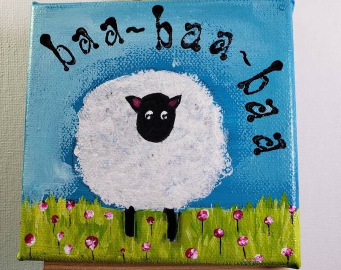 Sheep ART  "Baa-Baa-Baa" -original acrylic painting- 4x4 small art includes display easel -tiered tray art -whimsical gift idea