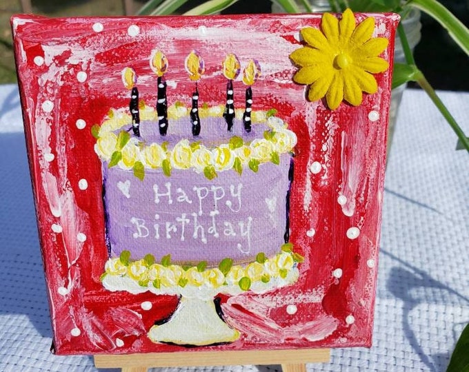 Cake Art  "Happy Birthday " - 4x4 small art canvas - original acrylic paintings- tiered tray decor
