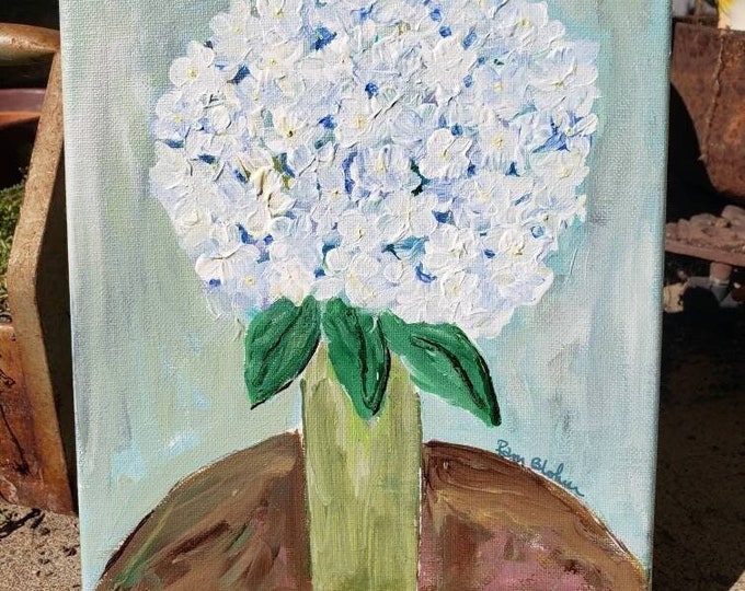 Acrylic Painting "Vase of Blue Hydrangea" -Original artwork -8x10 stretched canvas- Blue Hydrangea Flower Painting