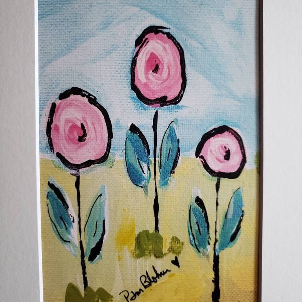 PINK flowers Artist Print-  "3 Girls" white matted to 8x10 frame size- abstract Flower wall art print