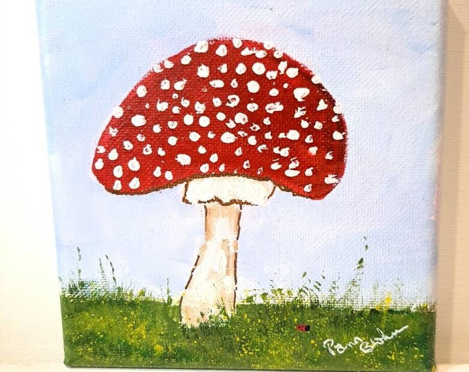 Fly Agaric- Red cap Mushroom Original Acrylic Painting- " Fabulous Fungi" 5x5 stretched canvas