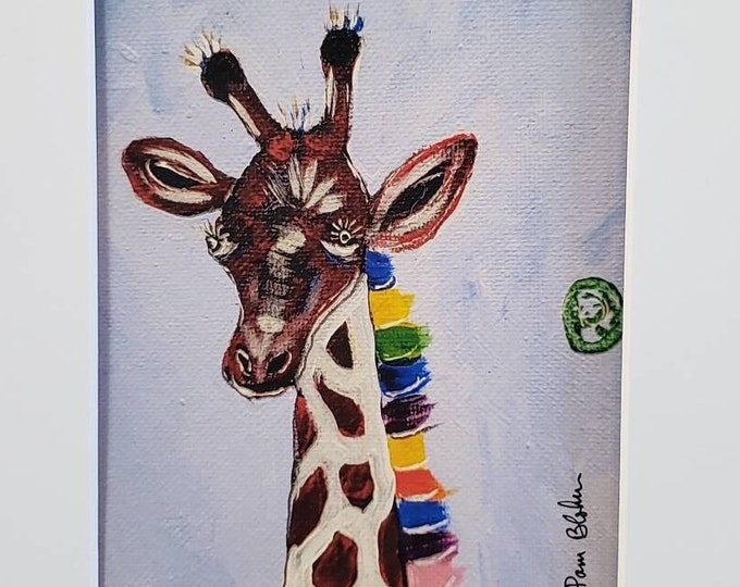 Giraffe Artist PRINT- "Rainbow Giraffe" - Zoo Theme Nursery wall art - White matted to 8x10