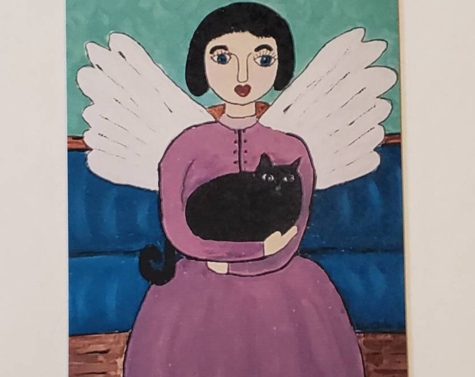 Angel Fridge Magnet-Angel  & Black cat - 3.25x4.75 " magnet- Small gift idea under 10