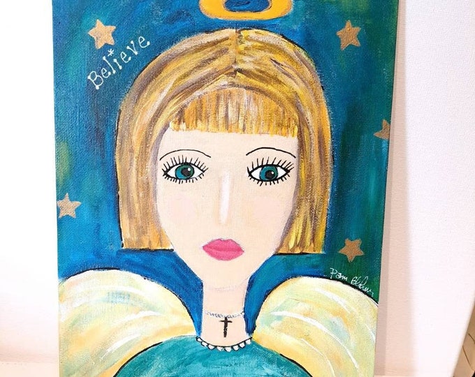 Angel art "Believe" - Original Acrylic Painting- Blonde Angel with Wings - Teal and Yellow Wall Art -8x10 Unframed Canvas Panel