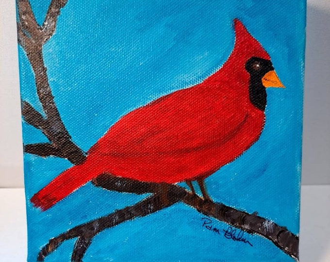 Red Cardinal " Morning Greeting " - Original Acrylic Painting-6x6 deep wrapped canvas- Cardinal Bird Painting - Spiritual Bird art