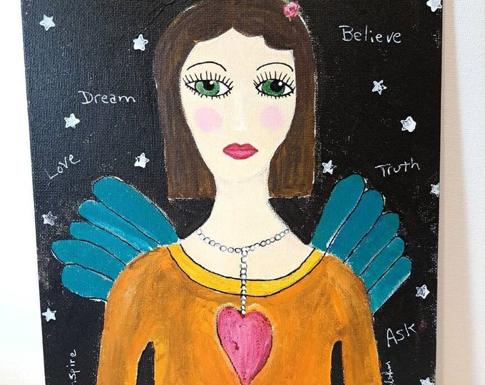 Angel "Angelic Inspiration" -Original Acrylic Painting -8x10 canvas Panel - Folk art Angel with Wings- Boho Wall art