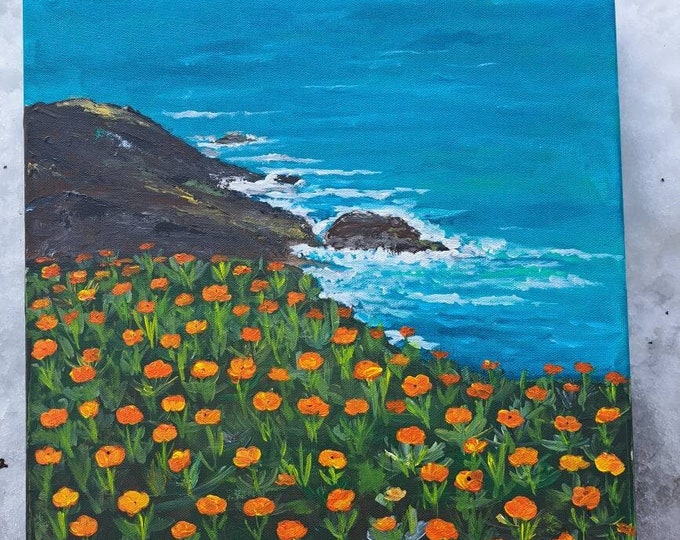 Original Acrylic Painting Ocean View "California Poppies Bloom" - Seascape Painting - 14x14 Point Lobos -  Carmel seaside