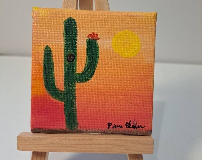 Saguaro Cactus at Sunset Mini Art 2.5x2.5 "- Original Acrylic Painting includes pine display easel- Desert art gift idea