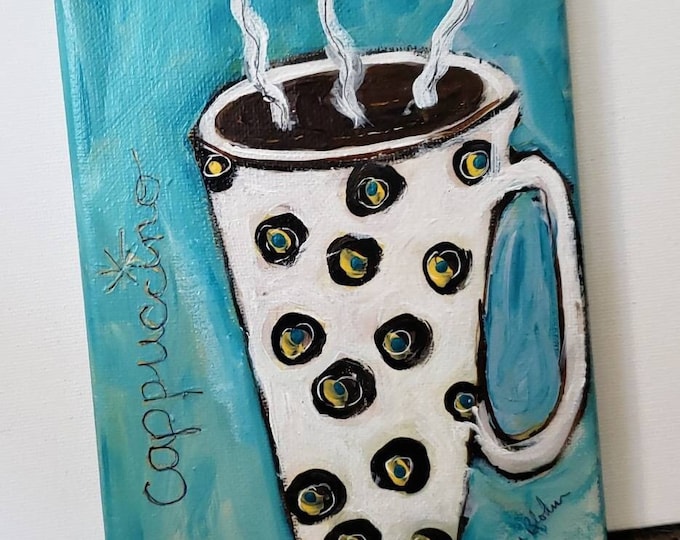 Coffee Mug "Cup of Cappuccino" - 5x7 unframed stretched canvas- small art kitchen decor
