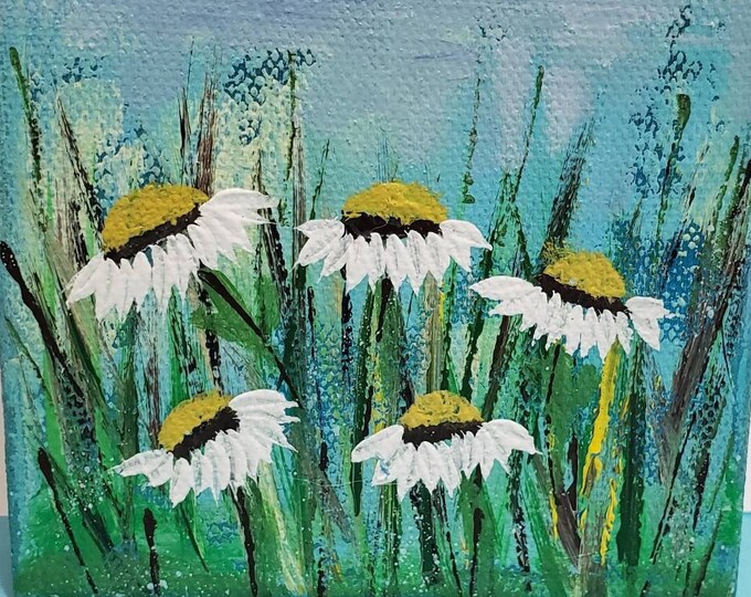 Original "Meadow Daisies"  Acrylic Painting - 5 White Daisies Flowers-4x4 Stand Alone Gallery wrapped canvas