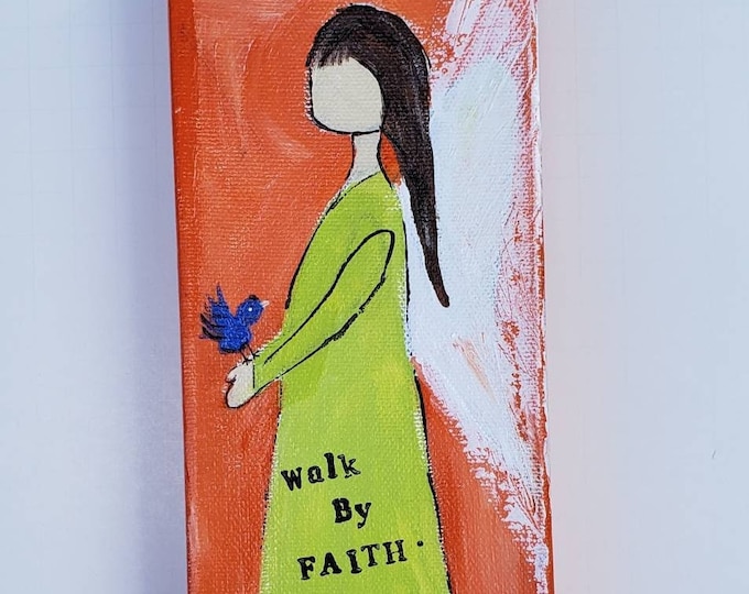 Original Angel  Art "Walk by Faith" - 4×12 deep wrapped canvas -Acrylic Painting- Orange and Green Wall art