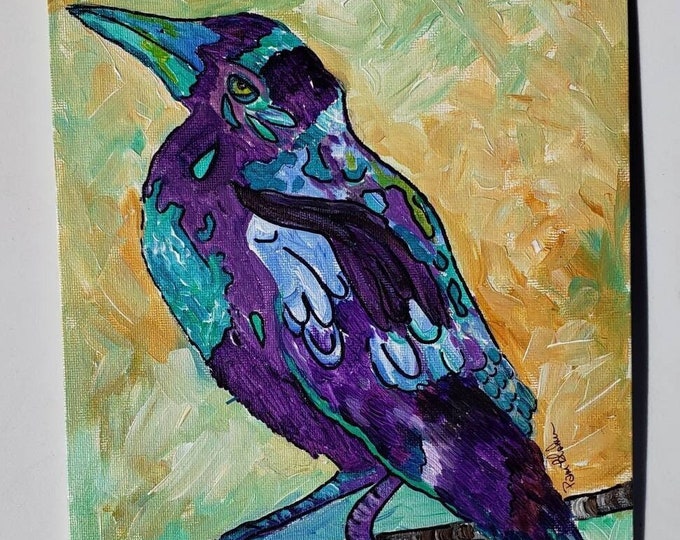 Abstract " The Crow" a wild bird Original Acrylic Painting- bird art - 8x10 unframed canvas panel- Wild Purple crow