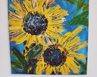 Fine Art Fridge MAGNET "Two Sunflowers " 3.5" x 3.5" small art/kitchen decor/gift idea /flower art by Pam Pam Blohm /gift idea /made in USA