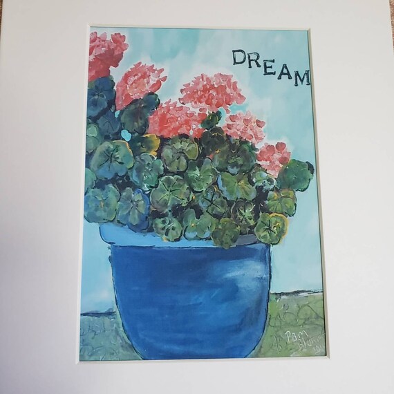 Print Red Geraniums in Blue Pot "DREAM" - White Matted to 8x10 Frame Size - Garden Flowers Geraniums- Red and Blue Home Decor