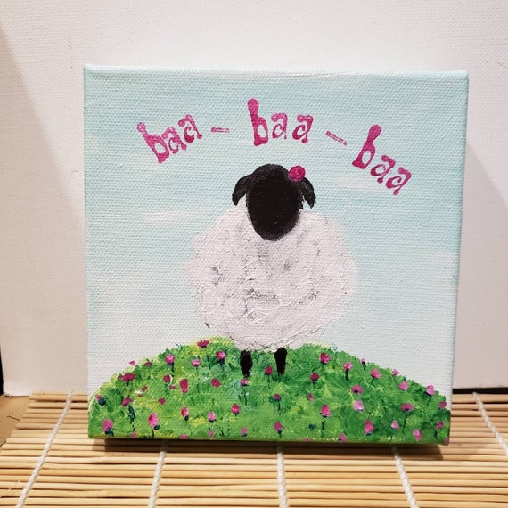 Original "Sweet Sheep" - 6x6 Acrylic Painting- gallery wrap canvas Shelf Art - Farm Theme nursery art- Sheep Farmhouse Mantle Art