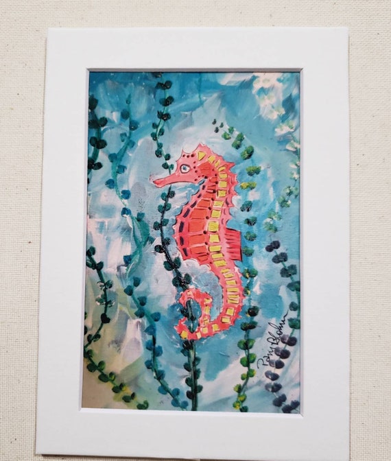 Seahorse Matted Artist PRINT-Ocean Theme Nursery Art- Seahorse Bathroom wall art -5x7 White Matted-3.5x5.25 inside Print size