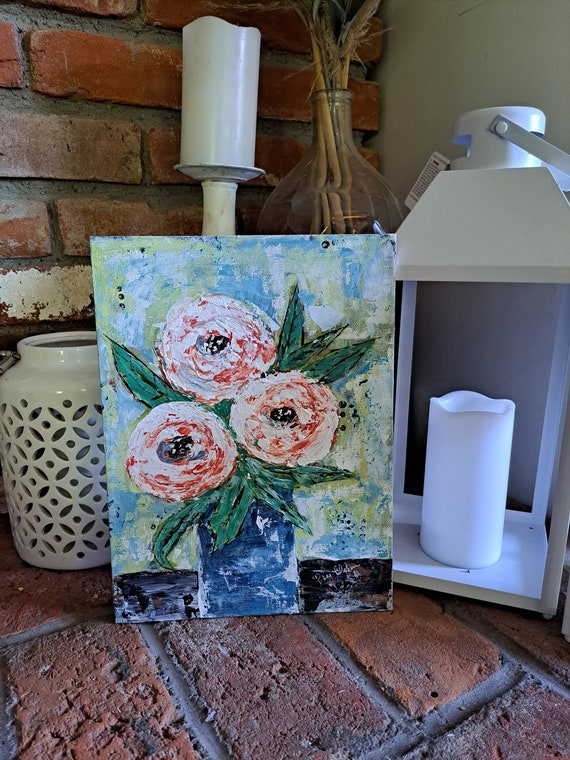 Vase of Flowers "Blaze" - 9x12 Original Acrylic Painting on Canvas Panel -3 flowers artwork-includes shipping