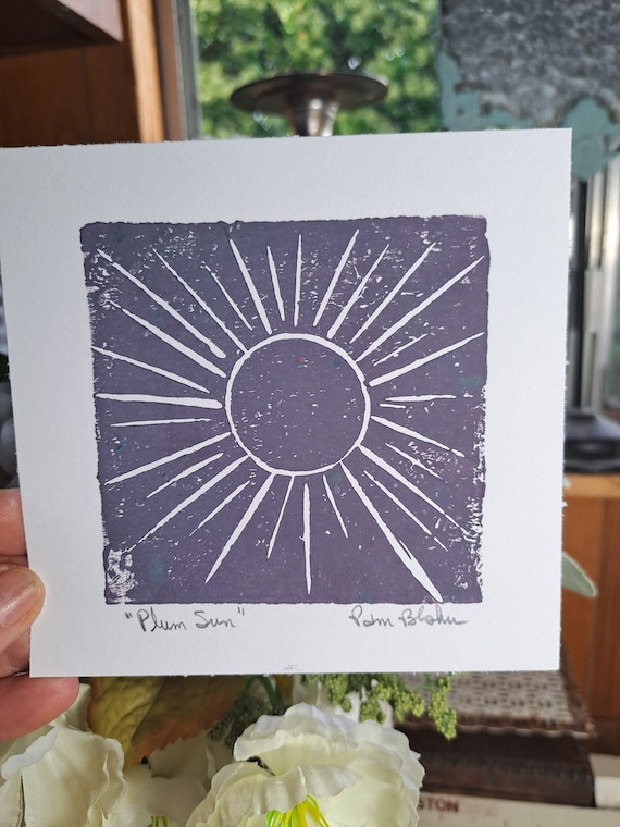 Sunshine Linoleum Block Print "Plum Sun" - Shining Sun Boho Print -Unframed 5.25x5.5 inch Plum Color Wall art -Print only