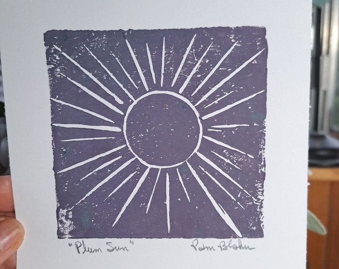 Sunshine Linoleum Block Print "Plum Sun" - Shining Sun Boho Print -Unframed 5.25x5.5 inch Plum Color Wall art -Print only