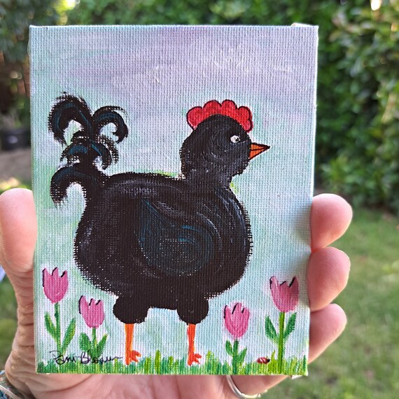 Farmhouse Chicken - Original acrylic painting - 4x5 canvas Panel -whimsical farm animal with display easel
