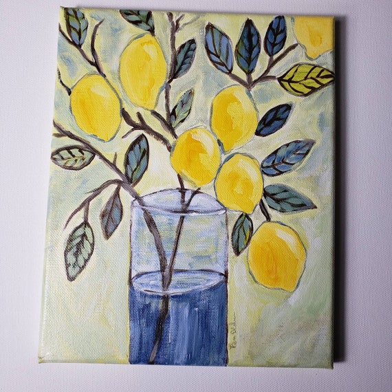 Yellow Lemons "Fresh Branch " -Original Acrylic Art - Kitchen Wall art - 8x10 Lemon Theme Wall art