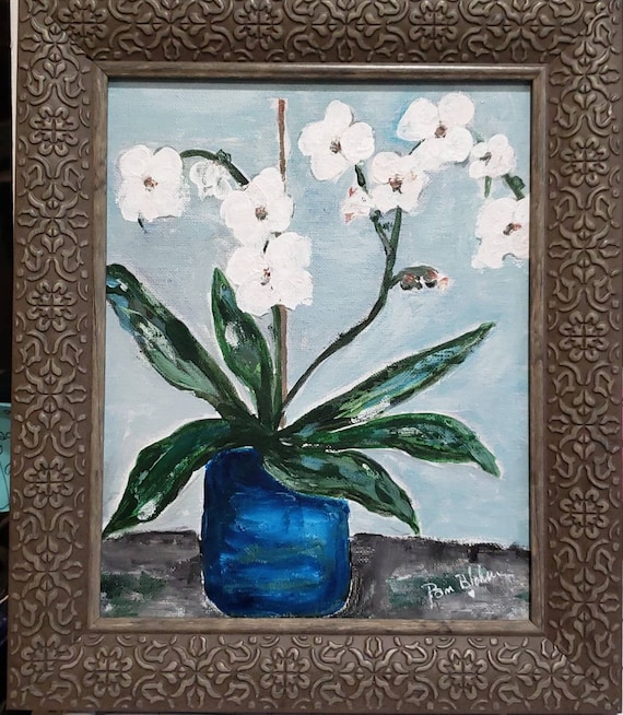 Orchid Art "Nancy Grace " - Original Acrylic Painting- Impressionist potted white orchid flowers art - unframed 8x10 linen canvas Panel.