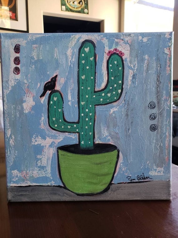 Saguaro Cactus with pink flower blooms- Southwest Potted Cactus- 12x12 original acrylic painting - blue and green home decor
