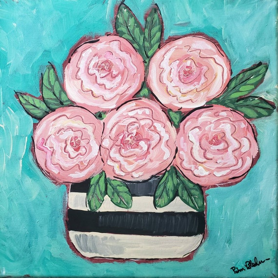 Original "Blooming & Glitter" Floral Wall art - 12x12 Original acrylic art - 5 Flowers Home decor art