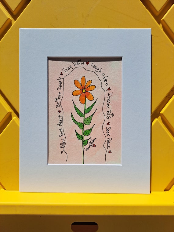 Original "Affirmations" Watercolor and Ink Painting - Single Orange Flower White Matted to 8x10