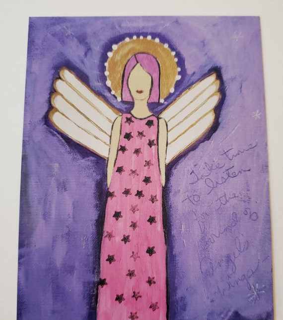 Angel Magnet- Pink Hair art- small gift idea - Pink and Purple small art - 3.5x4.50 "
