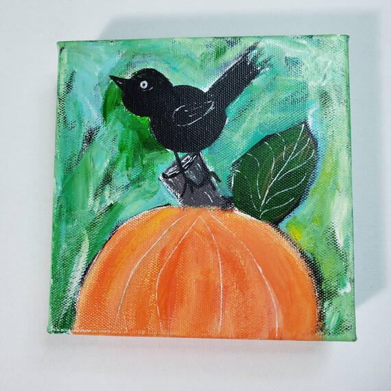 Whimsical Fall Fun "Blackbird &Pumpkin"- 6x6 deep wrapped gallery canvas- Original acrylic painting- Perching Crow - harvest artwork