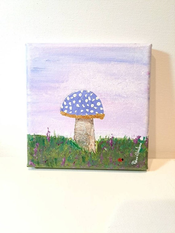 Blue Mushroom Original Acrylic Painting- Blue Cap Fly Agaric-Fungi Small art- 5x5 stretched canvas-24 K gold leaf accent-Small Landscape Art
