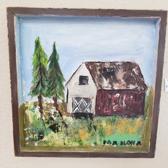 BARN Original acrylic Painting " Old Red Barn" - 9x9" wall art -Farmstead artwork-Farmhouse Home Decor