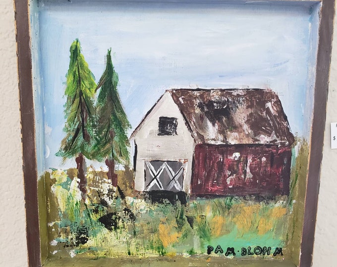 Original acrylic Painting " Old Red Barn"- 9x9" wall art -Farmstead artwork-Farmhouse Home Decor