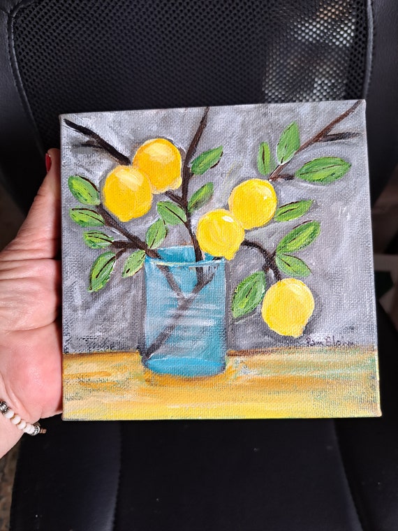 Lemon Branch " 5 Lemons Today" Original Acrylic Painting-Lemon Theme kitchen Decor- 6x6 small art canvas - Kitchen Wall art- Citrus Art