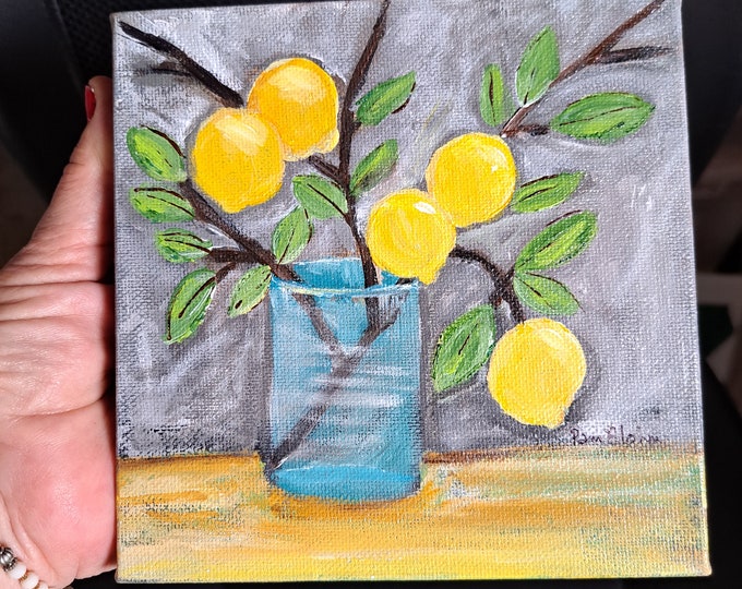 Lemon Branch " 5 Lemons Today" Original Acrylic Painting-Lemon art kitchen Decor- 6x6 stretched canvas small art- Kitchen Wall art