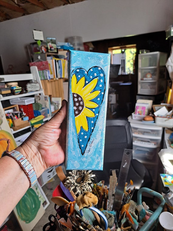 Small art "Teal Heart" and Sunflower - 3x9 small art original acrylic painting- Heart and Flowers