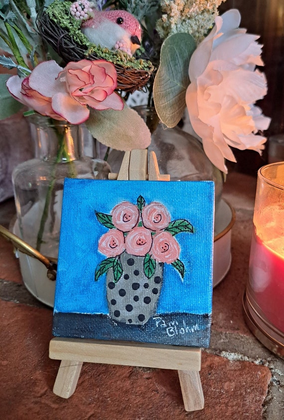 Small art Polka Dot Vase of Flowers Original Acrylic Painting -3x3 Flowers artwork includes display easel