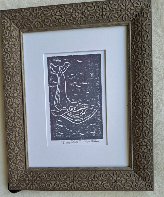 WHALE Linoleum Block Print "Deep Diving" - Unframed White Matted to 8x10 Frame size -dark plum purple grey wall art
